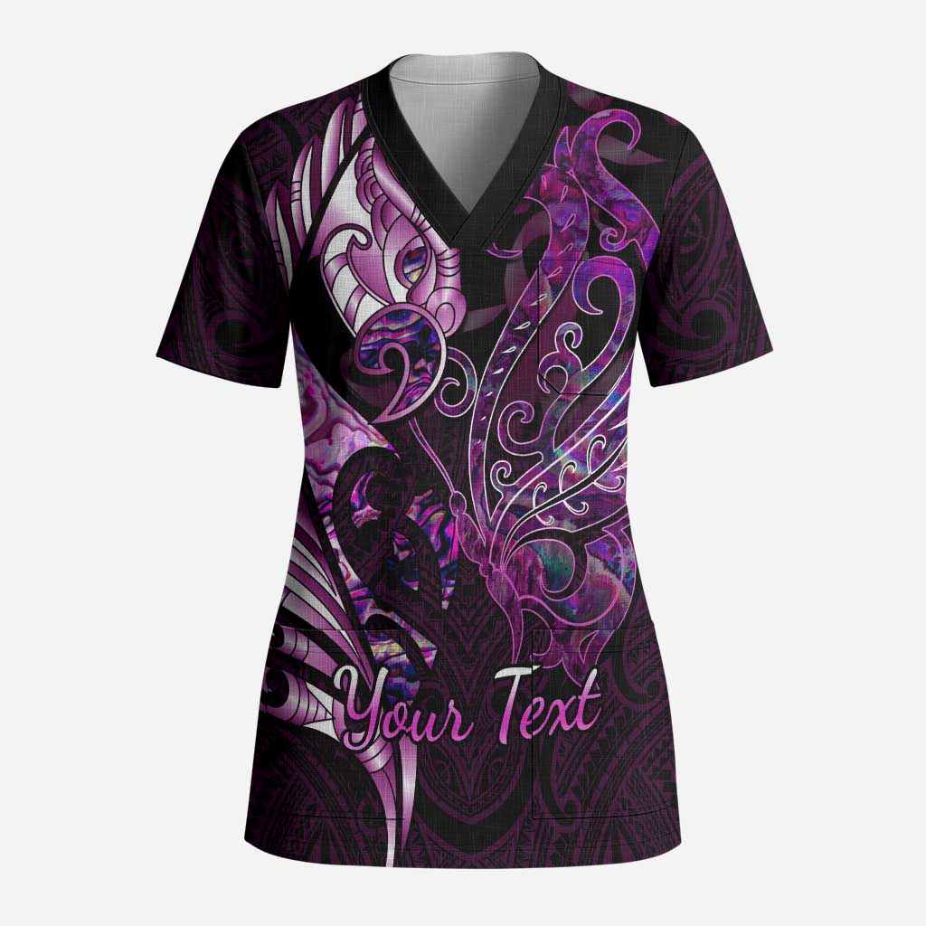 Personalised New Zealand Breast Cancer Scrub Top Fight Like A Girl Pink Manaia Fern With Paua Shell LT14 Adult Pink - Polynesian Pride