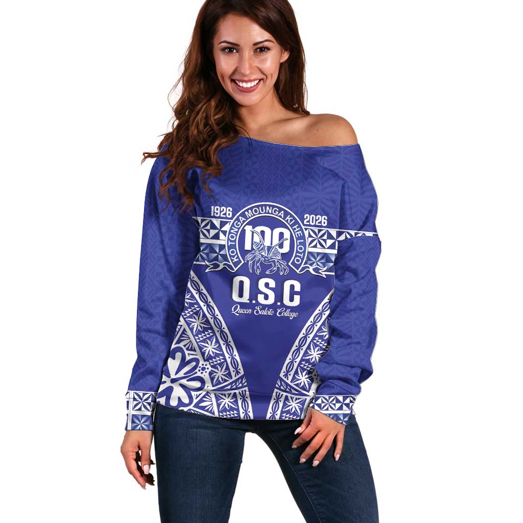 Personalised Queen Salote College Off Shoulder Sweater Kolisi Fefine 100th Anniversary Kupesi Blue LT14 Women Blue - Polynesian Pride