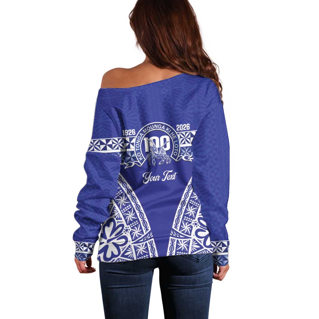 Personalised Queen Salote College Off Shoulder Sweater Kolisi Fefine 100th Anniversary Kupesi Blue LT14 - Polynesian Pride