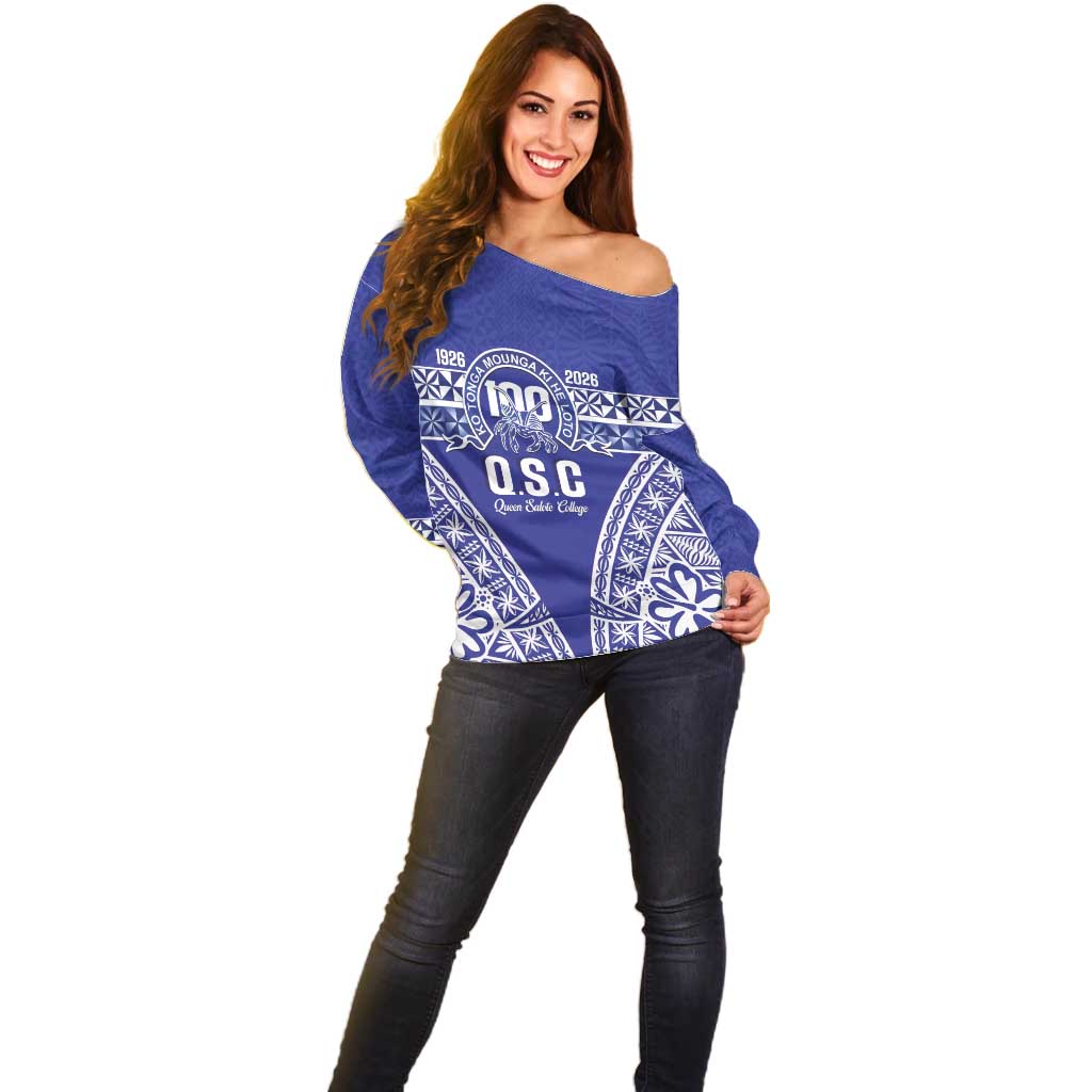 Personalised Queen Salote College Off Shoulder Sweater Kolisi Fefine 100th Anniversary Kupesi Blue LT14 - Polynesian Pride