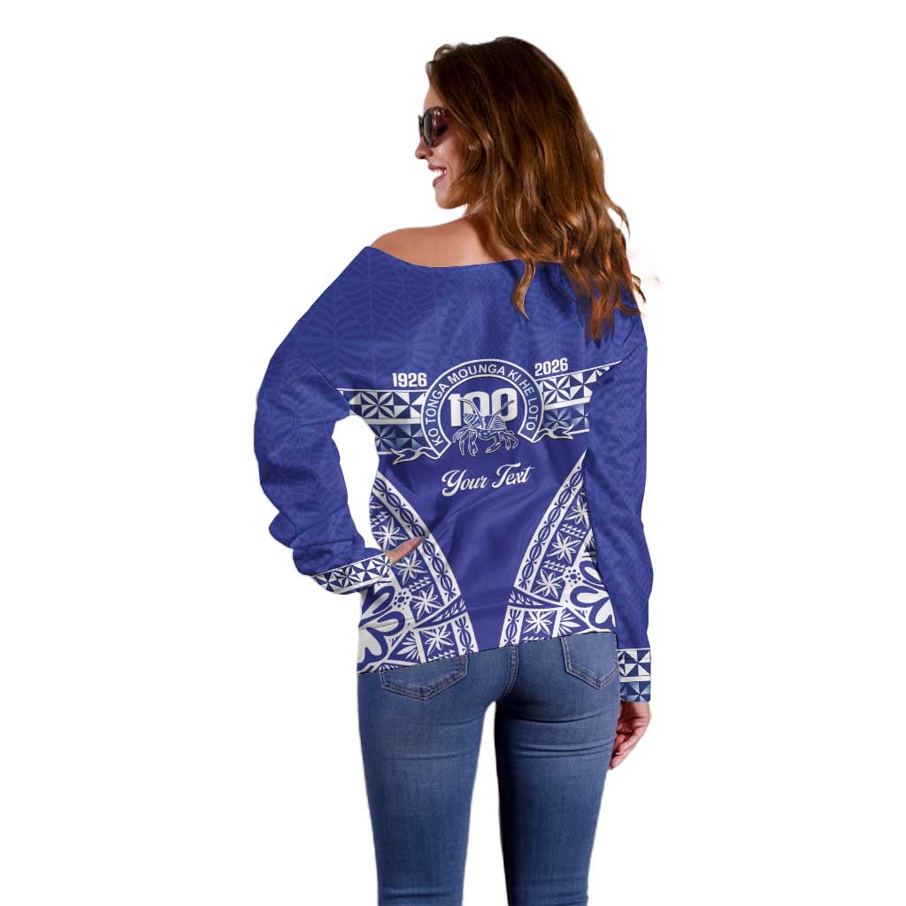 Personalised Queen Salote College Off Shoulder Sweater Kolisi Fefine 100th Anniversary Kupesi Blue LT14 - Polynesian Pride