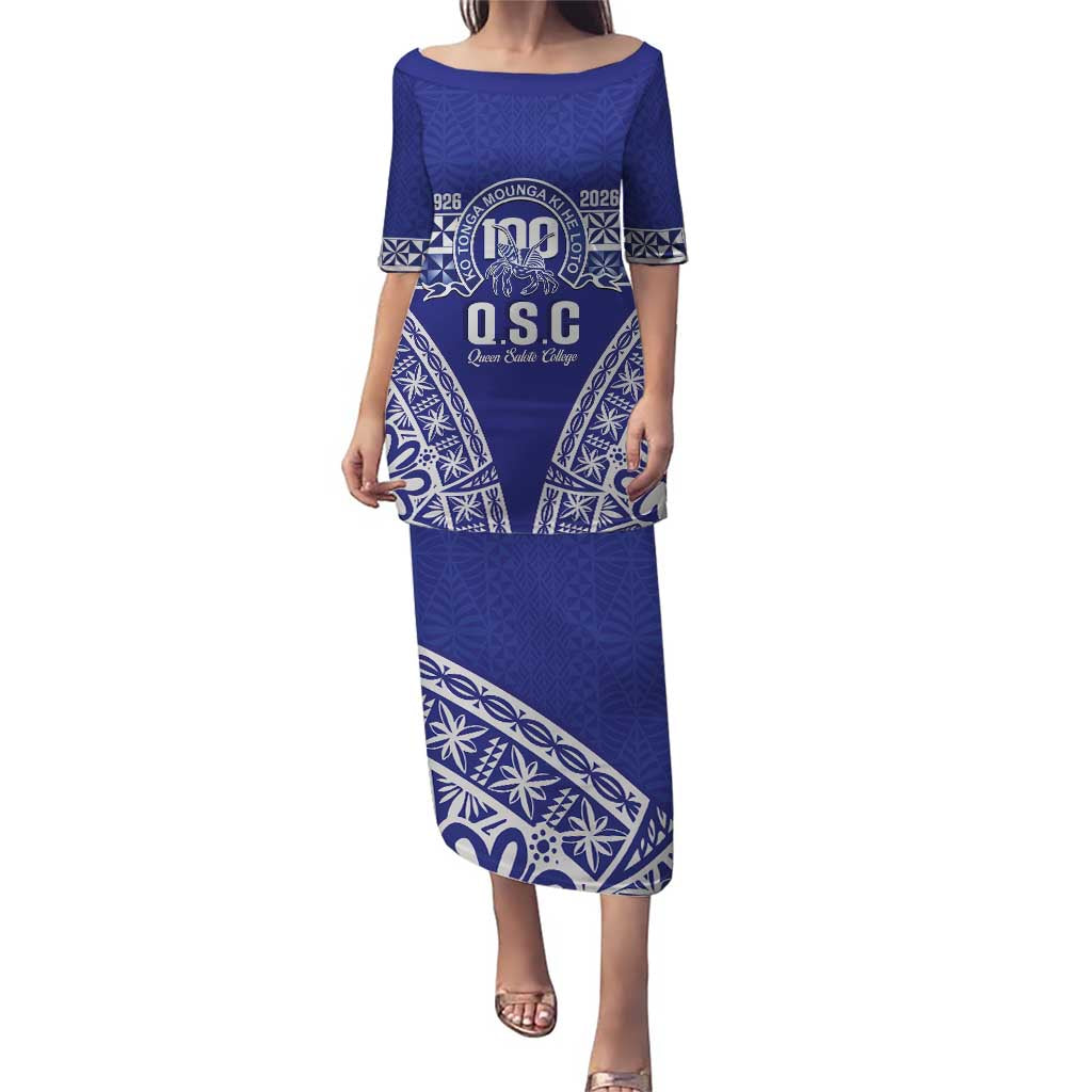 Personalised Queen Salote College Puletasi Kolisi Fefine 100th Anniversary Kupesi Blue LT14 Long Dress Blue - Polynesian Pride