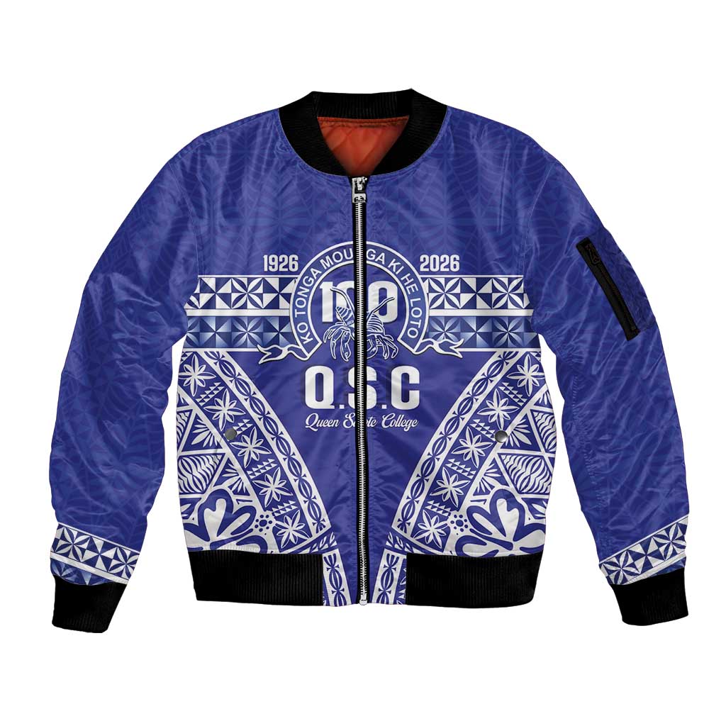 Personalised Queen Salote College Sleeve Zip Bomber Jacket Kolisi Fefine 100th Anniversary Kupesi Blue LT14 Unisex Blue - Polynesian Pride