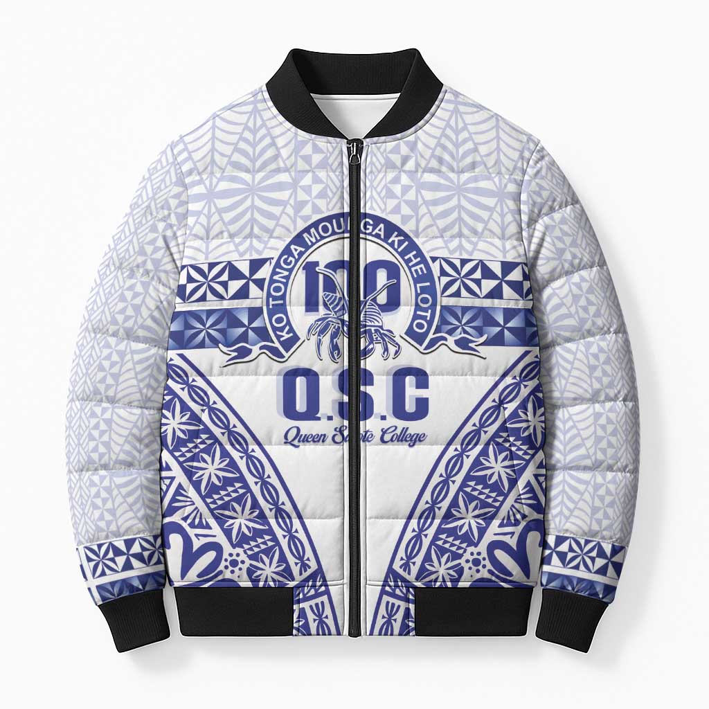 Personalised Queen Salote College Bomber Puffer Jacket Kolisi Fefine 100th Anniversary Kupesi White LT14 Unisex White - Polynesian Pride