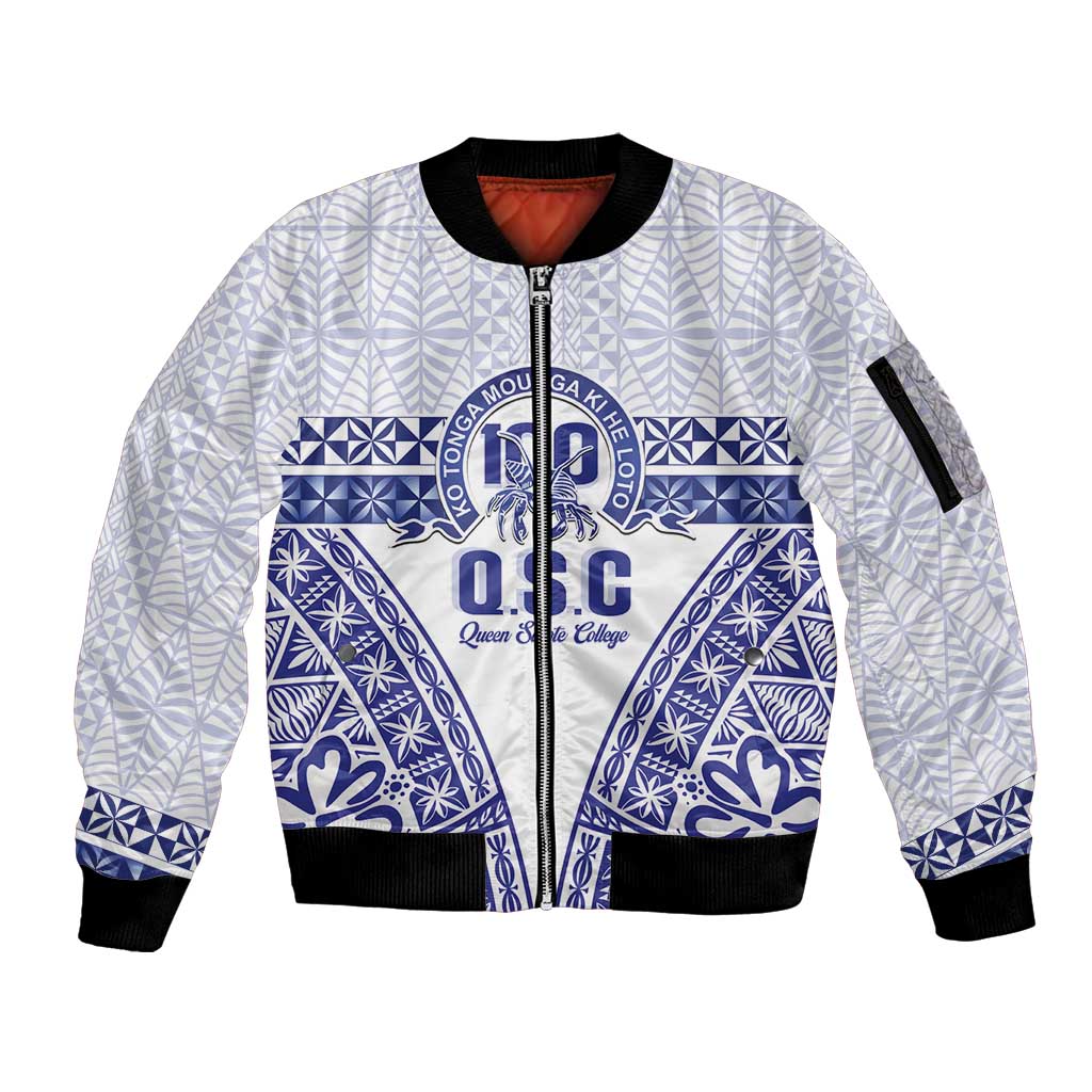 Personalised Queen Salote College Sleeve Zip Bomber Jacket Kolisi Fefine 100th Anniversary Kupesi White LT14 Unisex White - Polynesian Pride