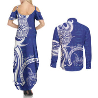 Personalised Queen Salote College Couples Matching Summer Maxi Dress and Long Sleeve Button Shirt QSC Est 1926 Ngatu Pattern LT14 - Polynesian Pride