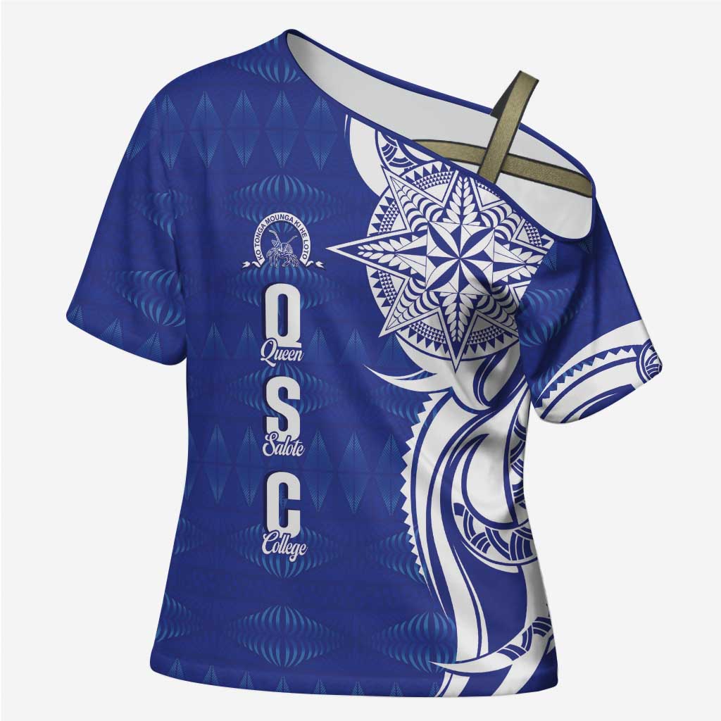 Personalised Queen Salote College Cross Shoulder Shirt QSC Est 1926 Ngatu Pattern LT14 Female Blue - Polynesian Pride