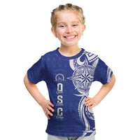 Personalised Queen Salote College Kid T Shirt QSC Est 1926 Ngatu Pattern LT14 Blue - Polynesian Pride