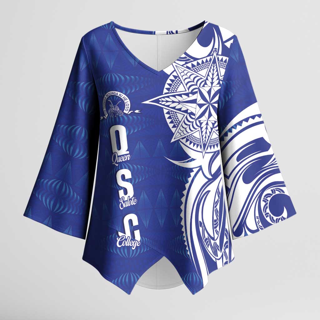 Personalised Queen Salote College Kimono Sleeve Blouse QSC Est 1926 Ngatu Pattern LT14 Female Blue - Polynesian Pride
