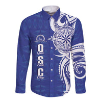 Personalised Queen Salote College Long Sleeve Button Shirt QSC Est 1926 Ngatu Pattern LT14 Unisex Blue - Polynesian Pride