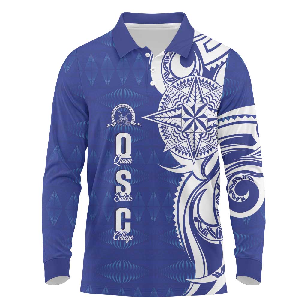 Personalised Queen Salote College Long Sleeve Polo Shirt QSC Est 1926 Ngatu Pattern LT14 Blue - Polynesian Pride