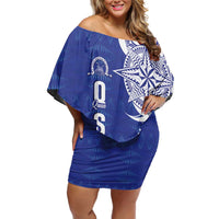 Personalised Queen Salote College Off Shoulder Short Dress QSC Est 1926 Ngatu Pattern LT14 Women Blue - Polynesian Pride