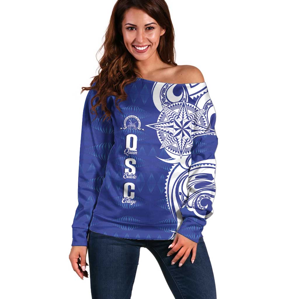 Personalised Queen Salote College Off Shoulder Sweater QSC Est 1926 Ngatu Pattern LT14 Women Blue - Polynesian Pride