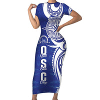 Personalised Queen Salote College Short Sleeve Bodycon Dress QSC Est 1926 Ngatu Pattern LT14 Long Dress Blue - Polynesian Pride