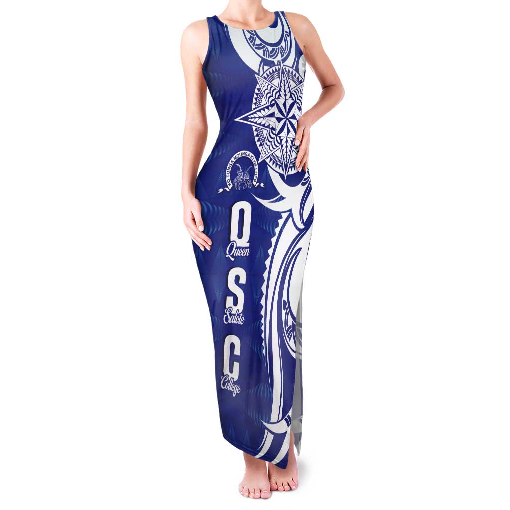 Personalised Queen Salote College Tank Maxi Dress QSC Est 1926 Ngatu Pattern LT14 Women Blue - Polynesian Pride