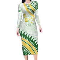 Personalised Samoa Ua Potopoto Long Sleeve Bodycon Dress SUP Est 2025 Samoan Pattern LT14 Long Dress White - Polynesian Pride