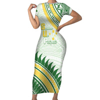 Personalised Samoa Ua Potopoto Short Sleeve Bodycon Dress SUP Est 2025 Samoan Pattern LT14 Long Dress White - Polynesian Pride