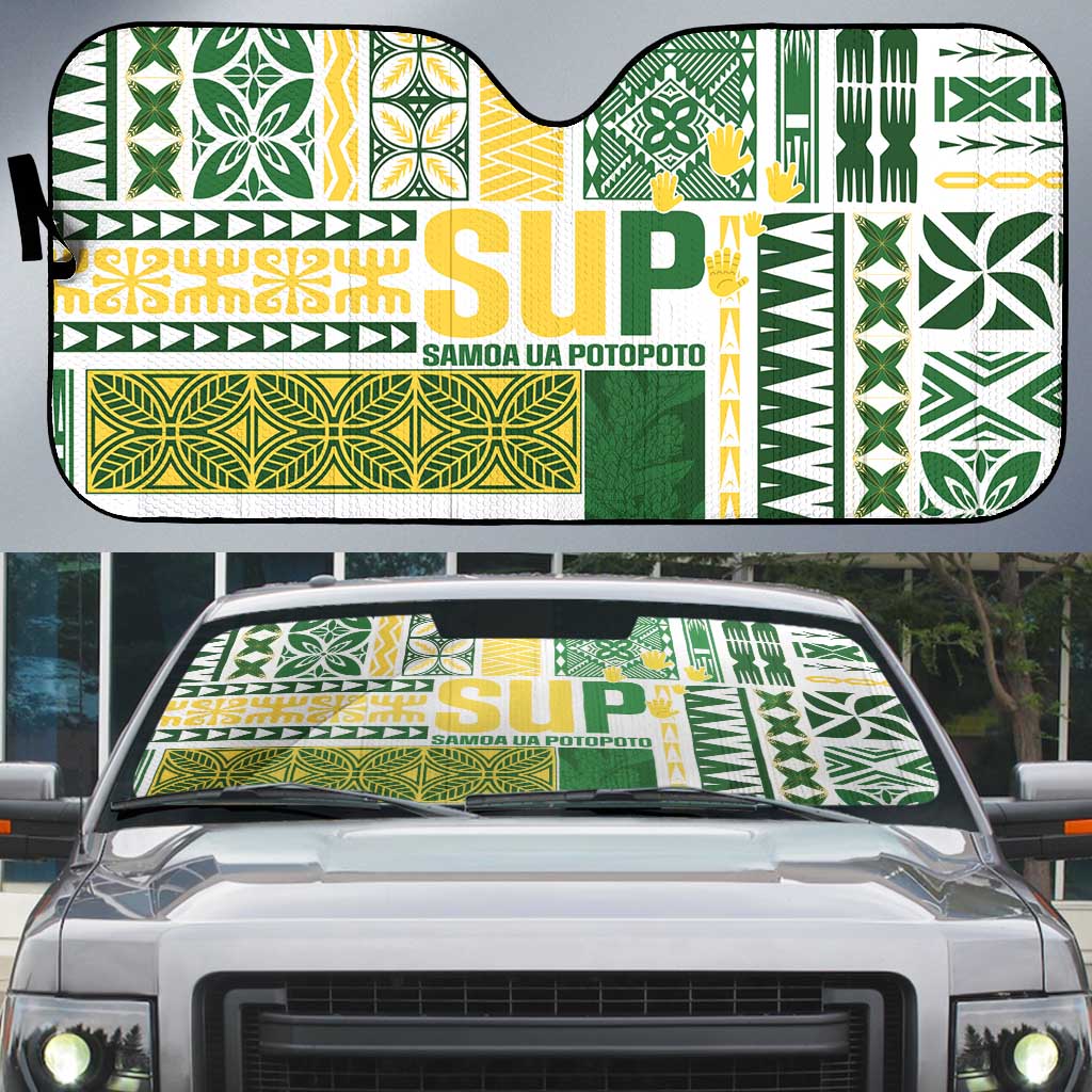 Samoa Uniting Party Auto Sun Shade SUP Est 2025 Siapo Pattern LT14 White - Polynesian Pride