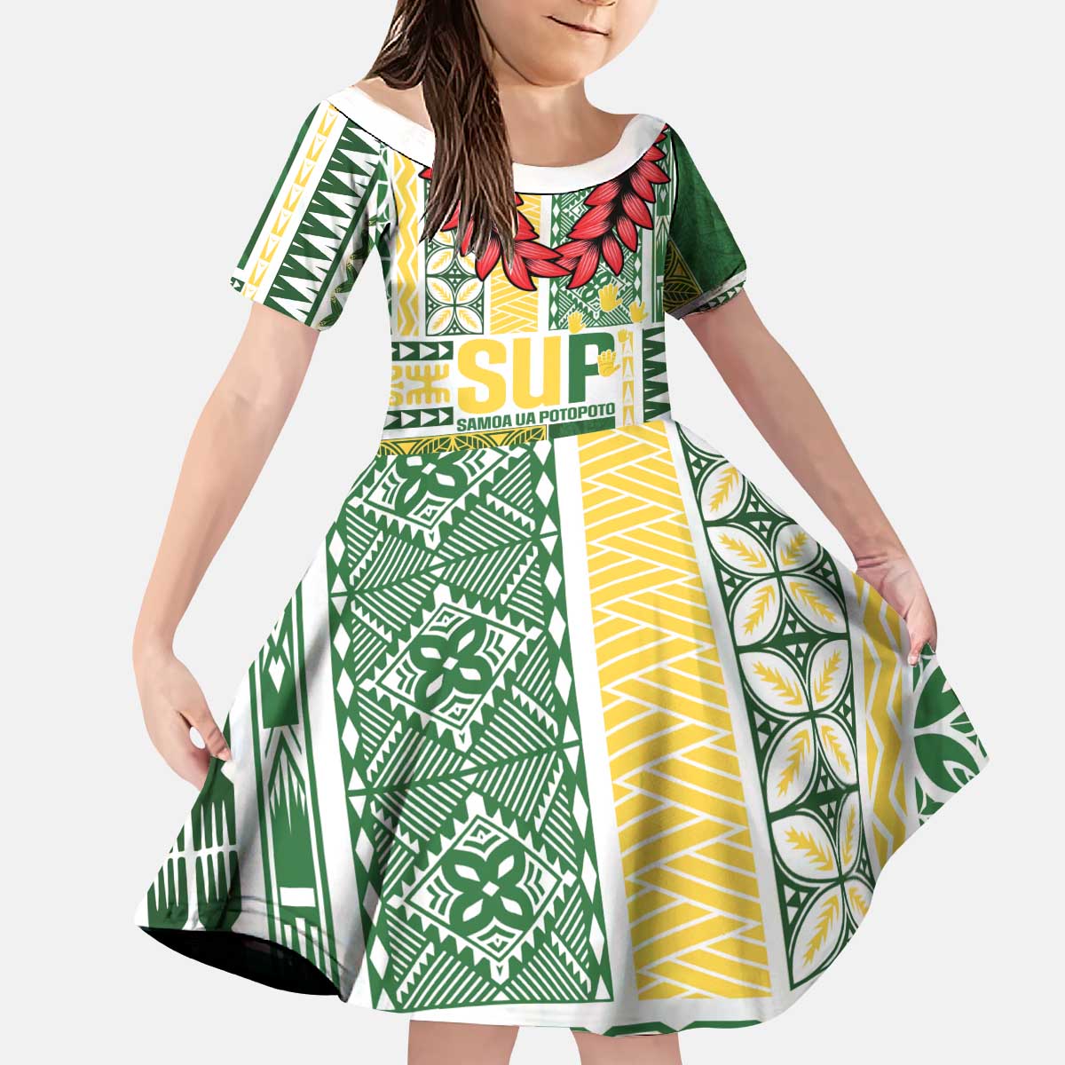 Samoa Uniting Party Kid Short Sleeve Dress SUP Est 2025 Siapo Pattern LT14 KID White - Polynesian Pride