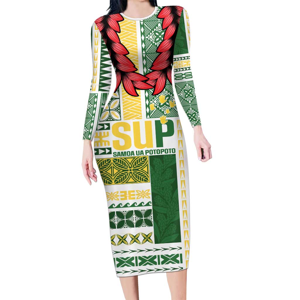 Samoa Uniting Party Long Sleeve Bodycon Dress SUP Est 2025 Siapo Pattern LT14 Long Dress White - Polynesian Pride