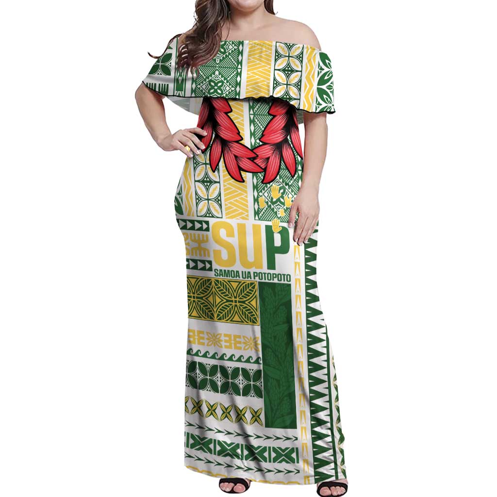 Samoa Uniting Party Off Shoulder Maxi Dress SUP Est 2025 Siapo Pattern LT14 Women White - Polynesian Pride
