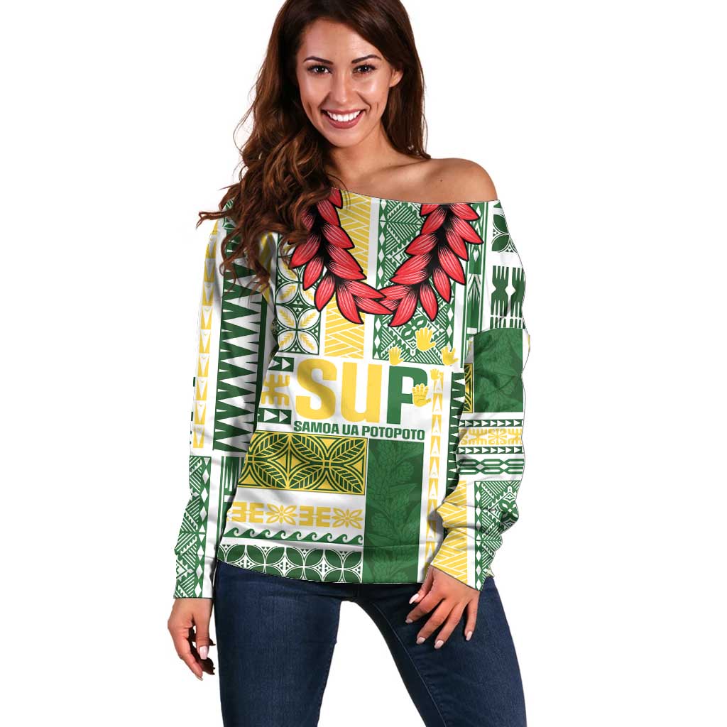 Samoa Uniting Party Off Shoulder Sweater SUP Est 2025 Siapo Pattern LT14 Women White - Polynesian Pride