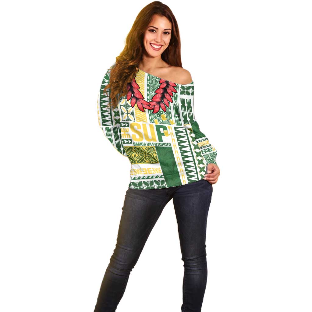 Samoa Uniting Party Off Shoulder Sweater SUP Est 2025 Siapo Pattern LT14 - Polynesian Pride