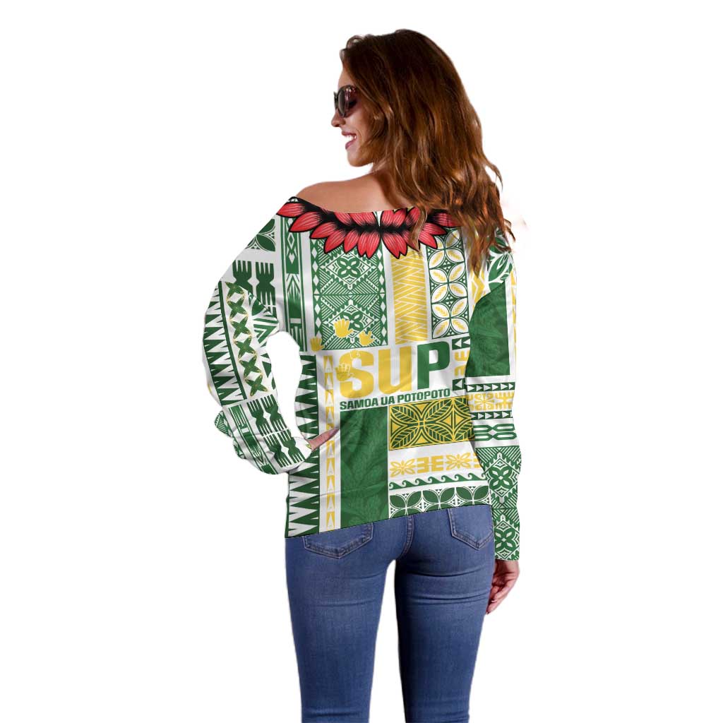 Samoa Uniting Party Off Shoulder Sweater SUP Est 2025 Siapo Pattern LT14 - Polynesian Pride