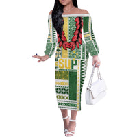 Samoa Uniting Party Off The Shoulder Long Sleeve Dress SUP Est 2025 Siapo Pattern LT14 Women White - Polynesian Pride