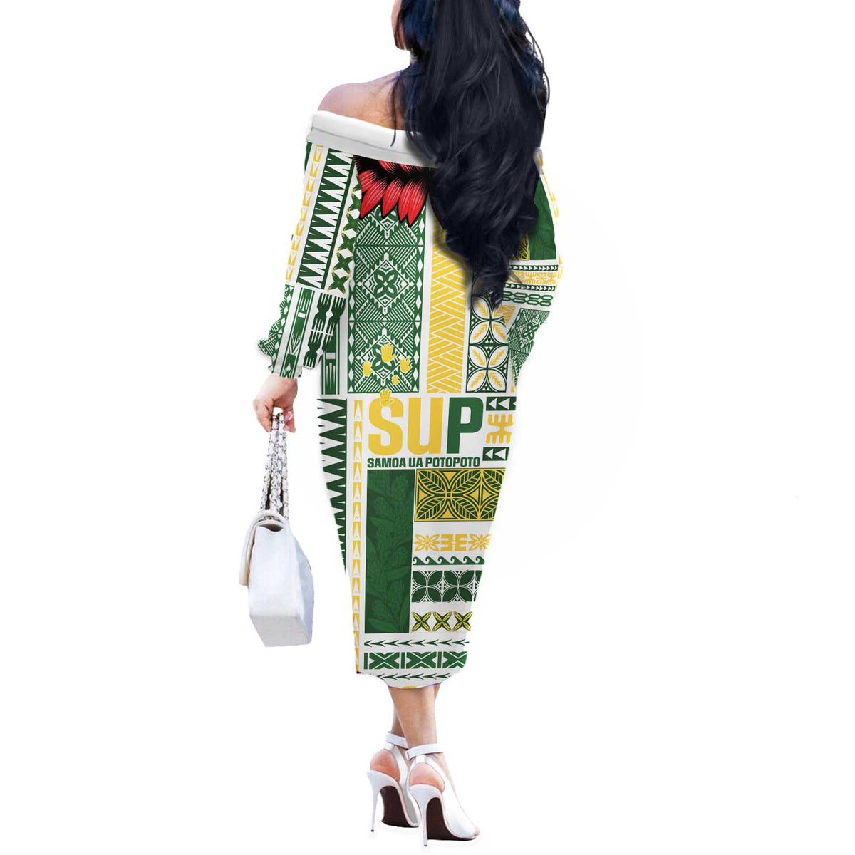 Samoa Uniting Party Off The Shoulder Long Sleeve Dress SUP Est 2025 Siapo Pattern LT14 - Polynesian Pride