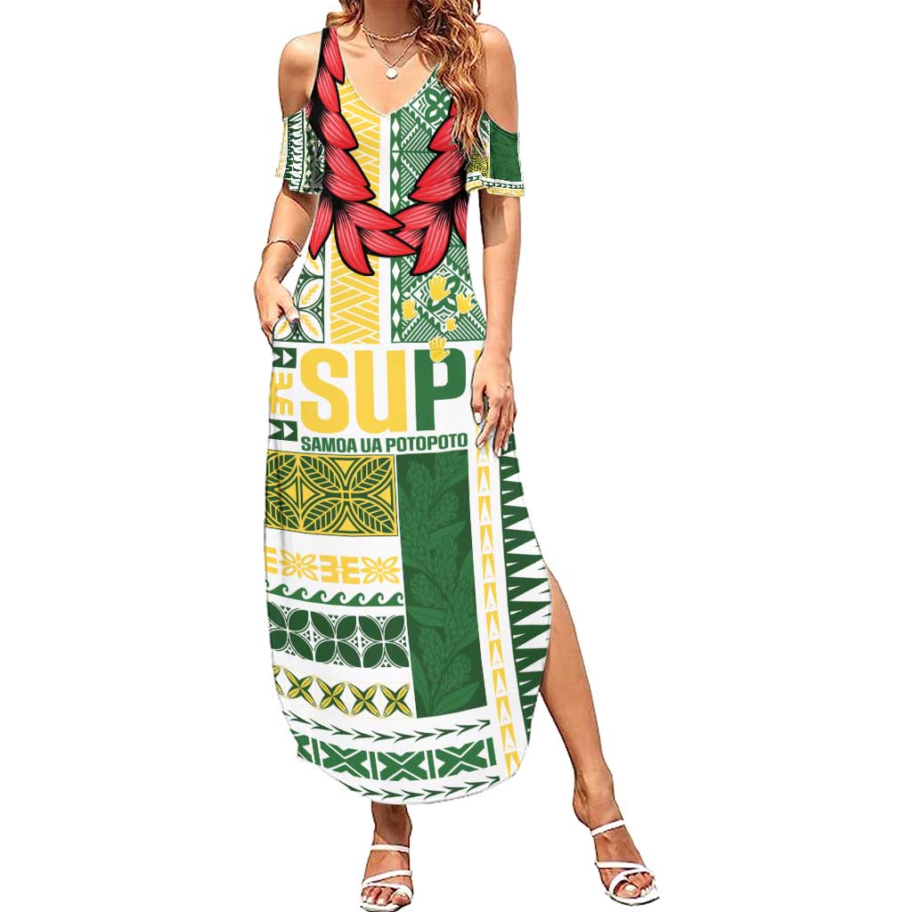 Samoa Uniting Party Summer Maxi Dress SUP Est 2025 Siapo Pattern LT14 Women White - Polynesian Pride