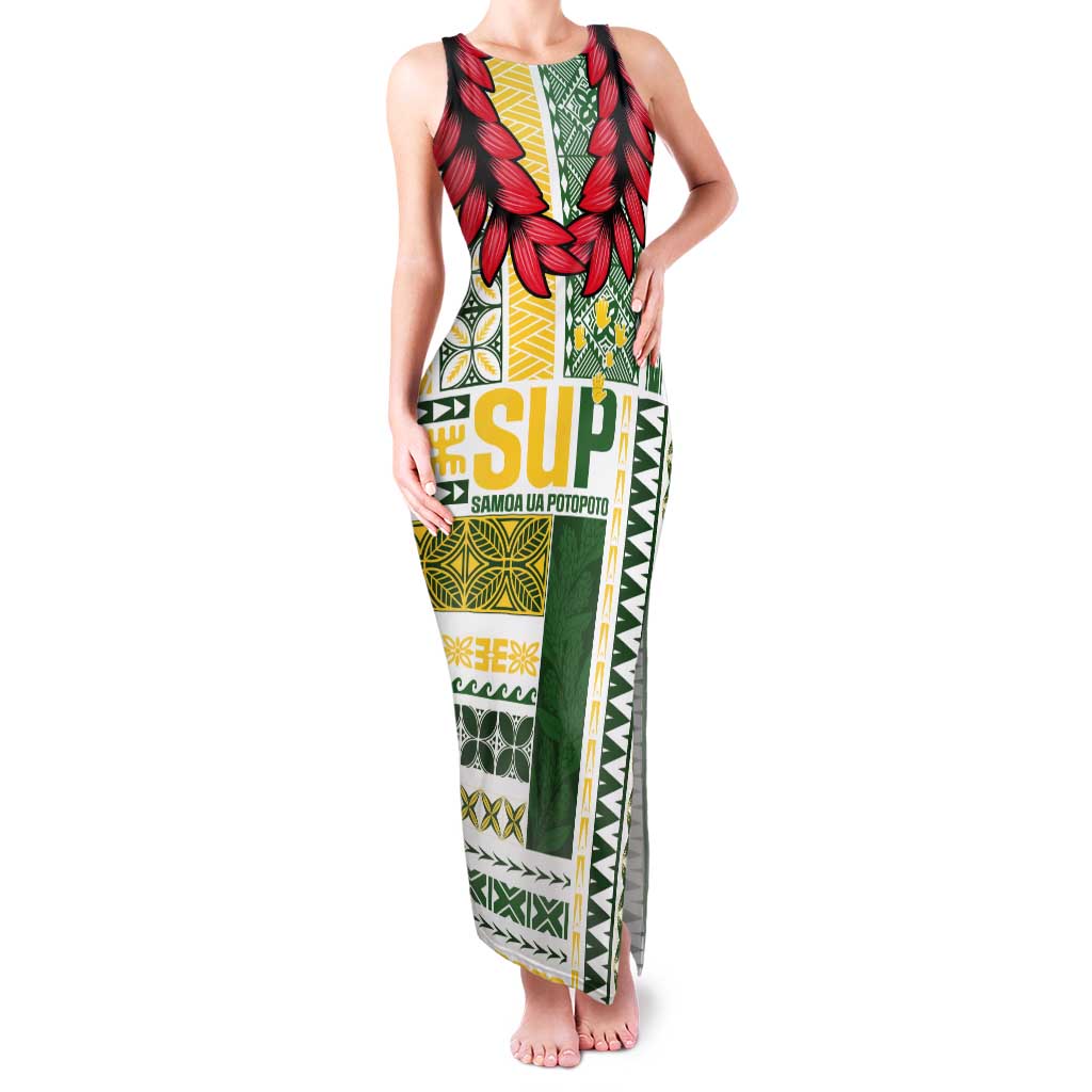Samoa Uniting Party Tank Maxi Dress SUP Est 2025 Siapo Pattern LT14 Women White - Polynesian Pride