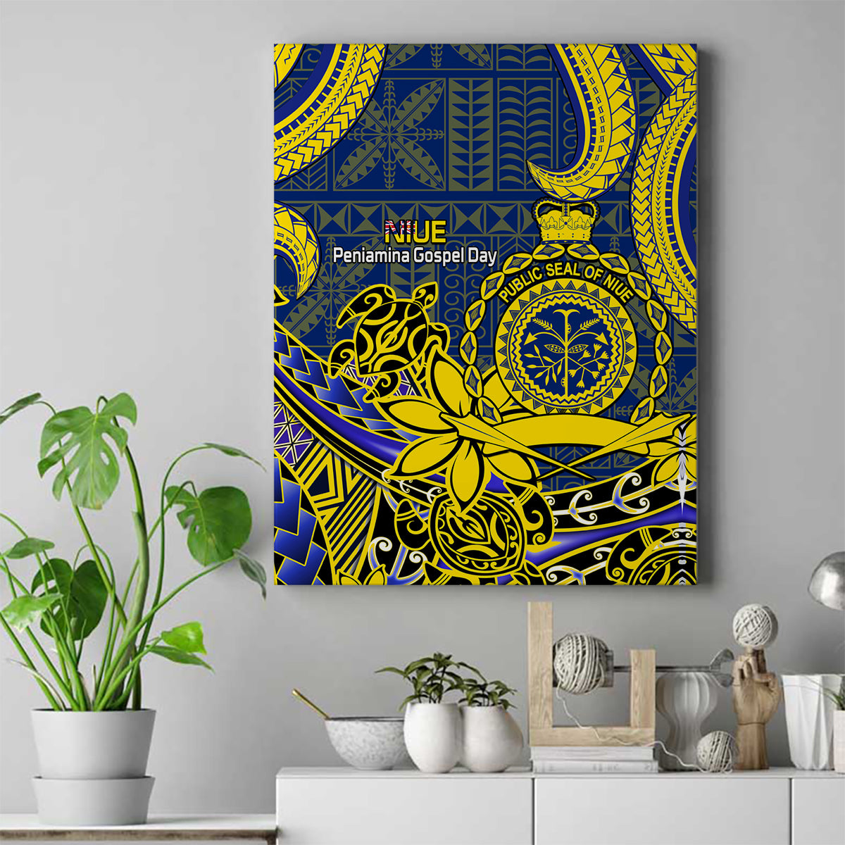 Niue Peniamina Gospel Day Canvas Wall Art Unique Niean Hiapo LT14 Blue - Polynesian Pride