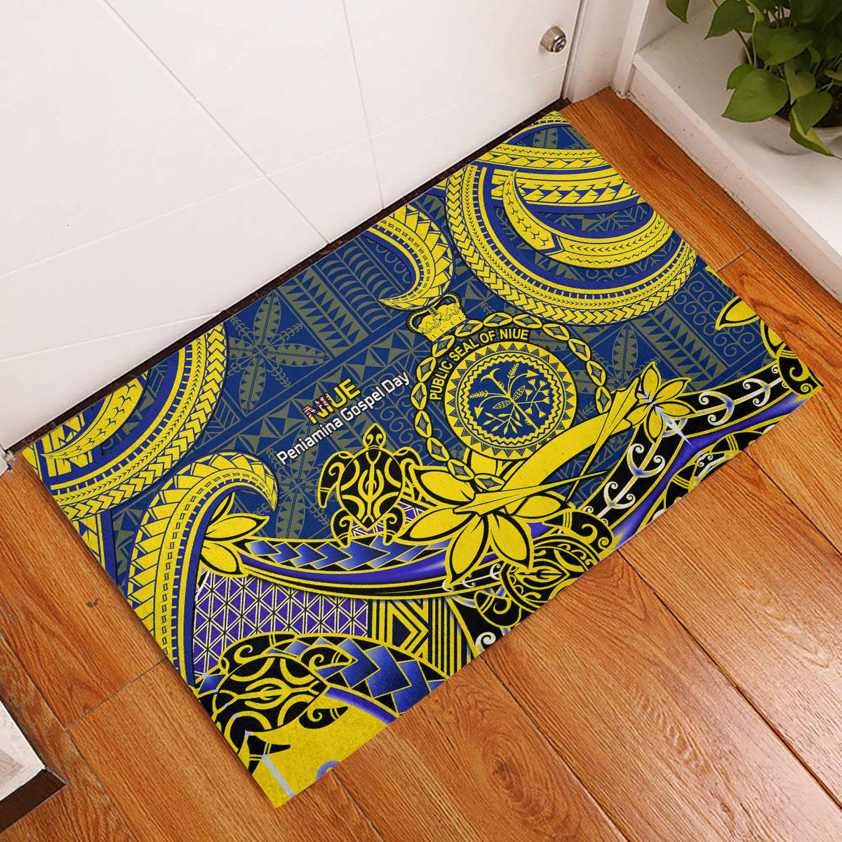 Niue Peniamina Gospel Day Rubber Doormat Unique Niean Hiapo LT14 Blue - Polynesian Pride