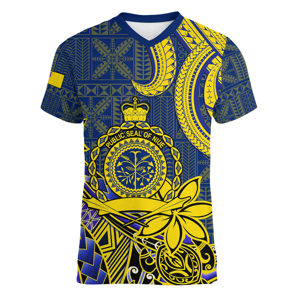 Niue Peniamina Gospel Day Women V Neck T Shirt Unique Niean Hiapo LT14 Female Blue - Polynesian Pride