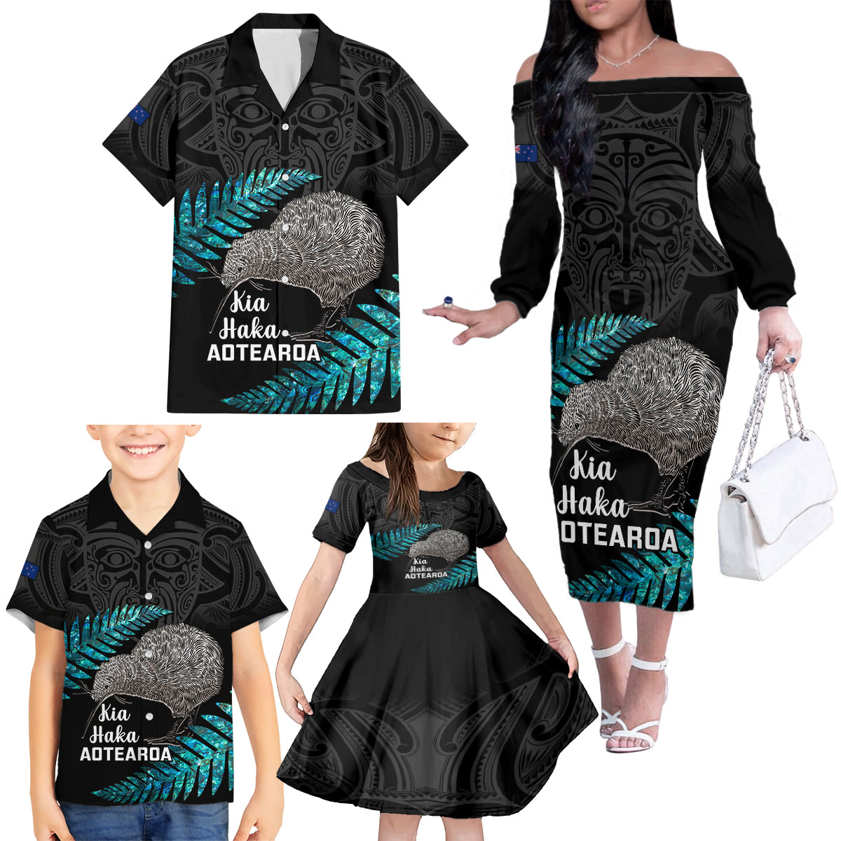 Custom New Zealand Silver Fern Rugby Family Matching Off Shoulder Long Sleeve Dress and Hawaiian Shirt Pacific 2023 Kia Haka Kiwis With Maori Ta Moko LT14 - Polynesian Pride