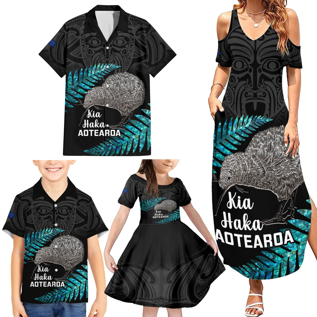 Custom New Zealand Silver Fern Rugby Family Matching Summer Maxi Dress and Hawaiian Shirt Pacific 2023 Kia Haka Kiwis With Maori Ta Moko LT14 - Polynesian Pride