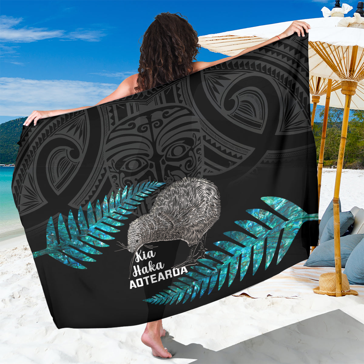 New Zealand Silver Fern Rugby Sarong Pacific 2023 Kia Haka Kiwis With Maori Ta Moko LT14 One Size 44 x 66 inches Black - Polynesian Pride