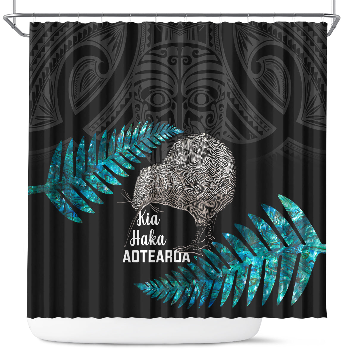 New Zealand Silver Fern Rugby Shower Curtain Pacific 2023 Kia Haka Kiwis With Maori Ta Moko LT14 Black - Polynesian Pride