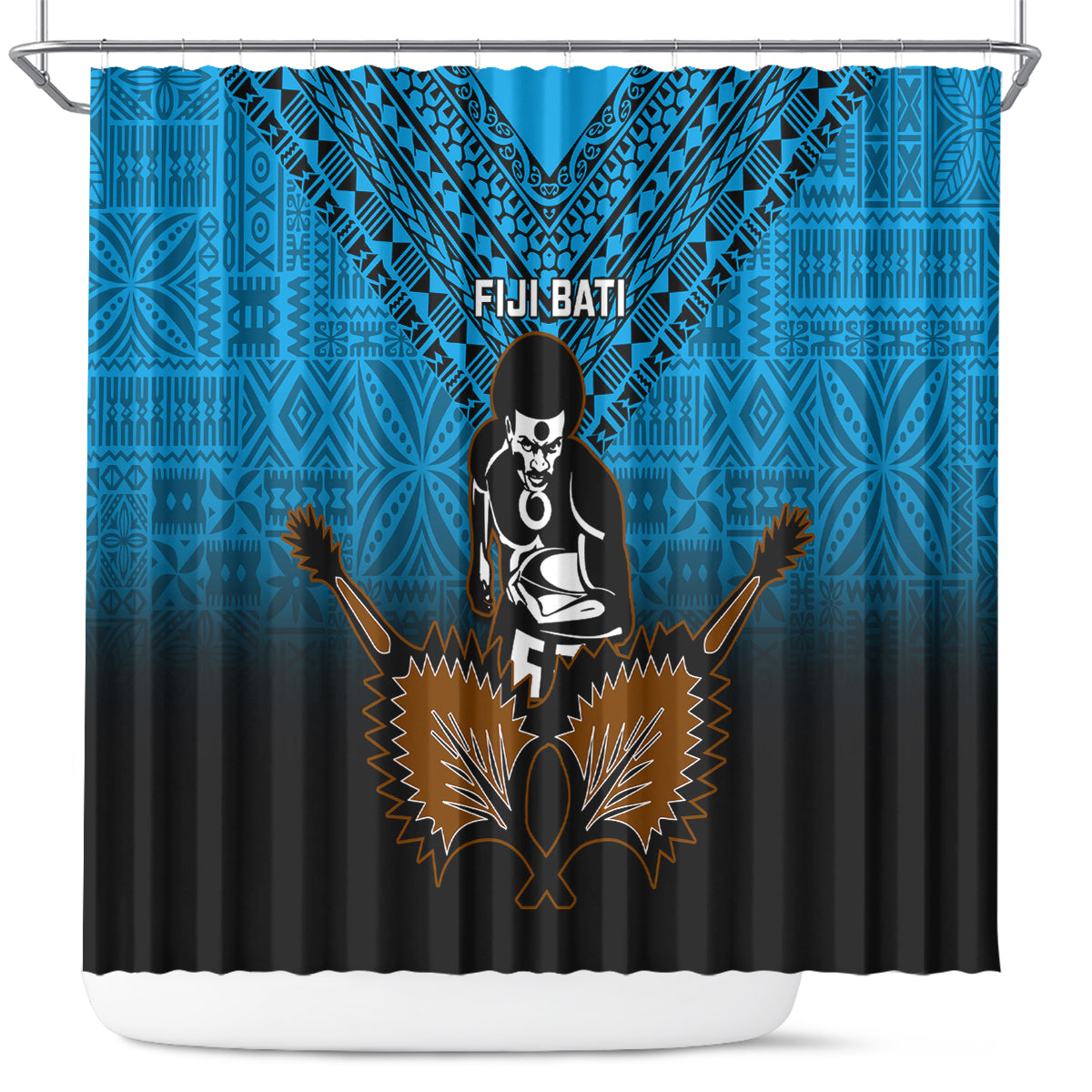 Fiji Tapa Rugby Shower Curtain Pacific 2023 Go Fijian Bati LT14 Blue - Polynesian Pride