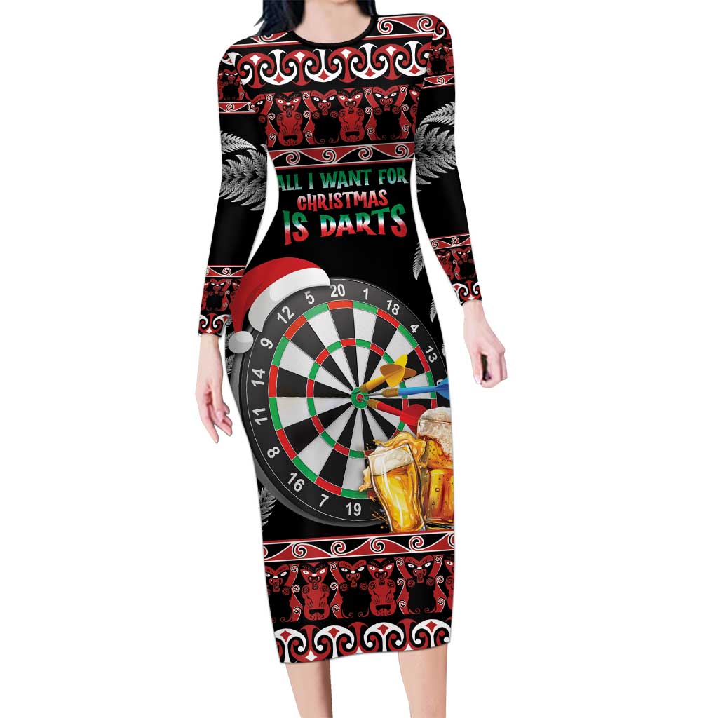 All I Want For Christmas Is Darts New Zealand Long Sleeve Bodycon Dress LT14 Long Dress Black - Polynesian Pride