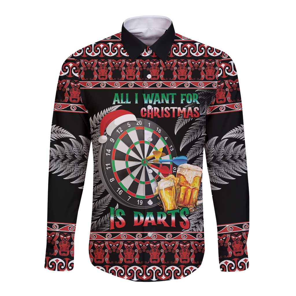 All I Want For Christmas Is Darts New Zealand Long Sleeve Button Shirt LT14 Unisex Black - Polynesian Pride