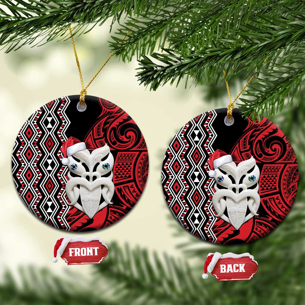 Personalised New Zealand Christmas Ceramic Ornament Meri Kirihimete Maori Wheku - Taniko Art LT14 Circle Black - Polynesian Pride