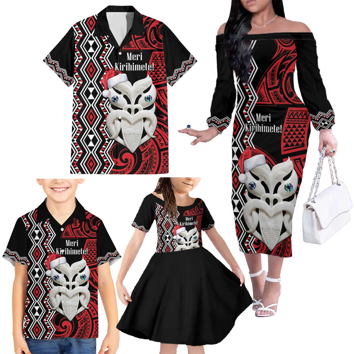 Personalised New Zealand Christmas Family Matching Off The Shoulder Long Sleeve Dress and Hawaiian Shirt Meri Kirihimete Maori Wheku - Taniko Art