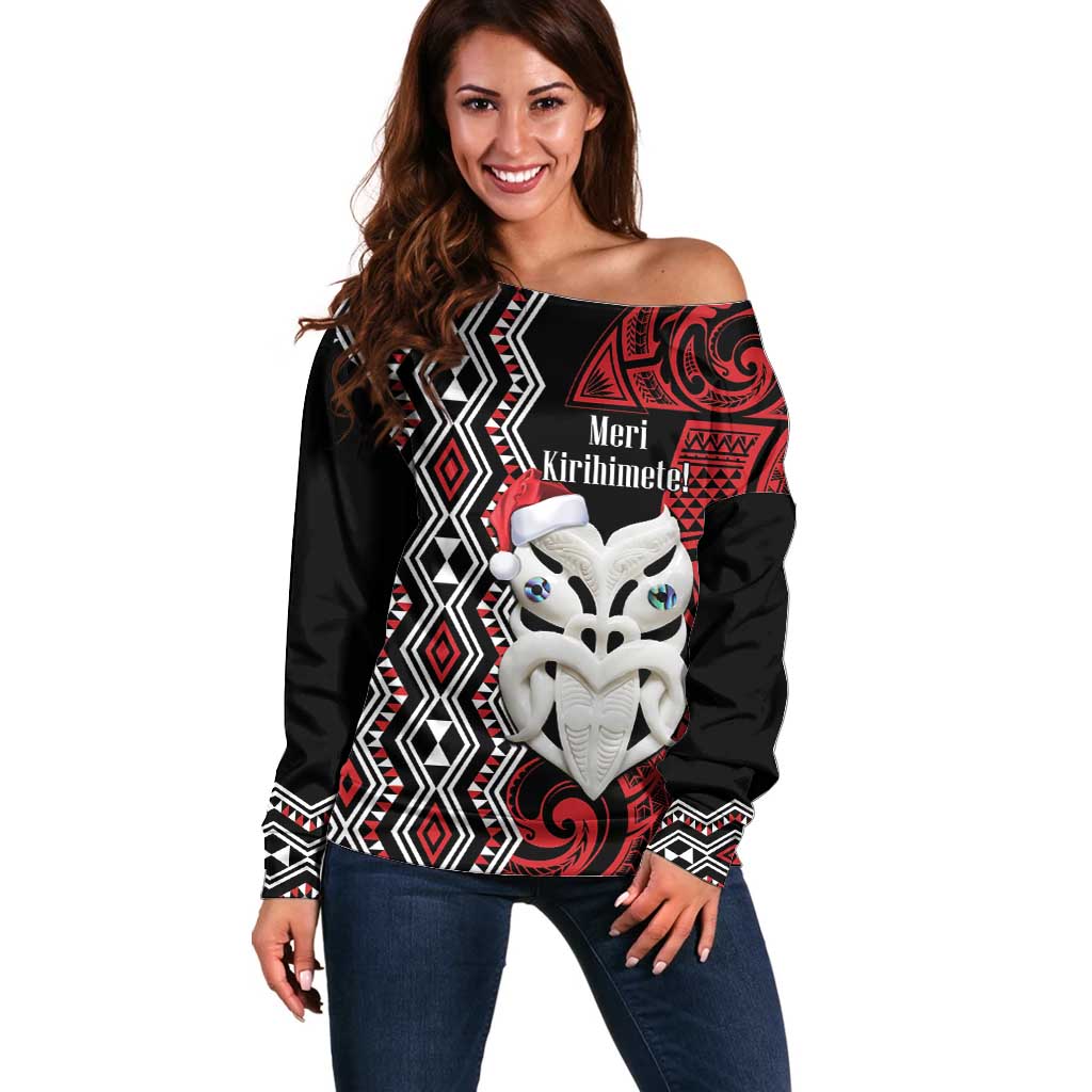 Personalised New Zealand Christmas Off Shoulder Sweater Meri Kirihimete Maori Wheku - Taniko Art LT14 Women Black - Polynesian Pride