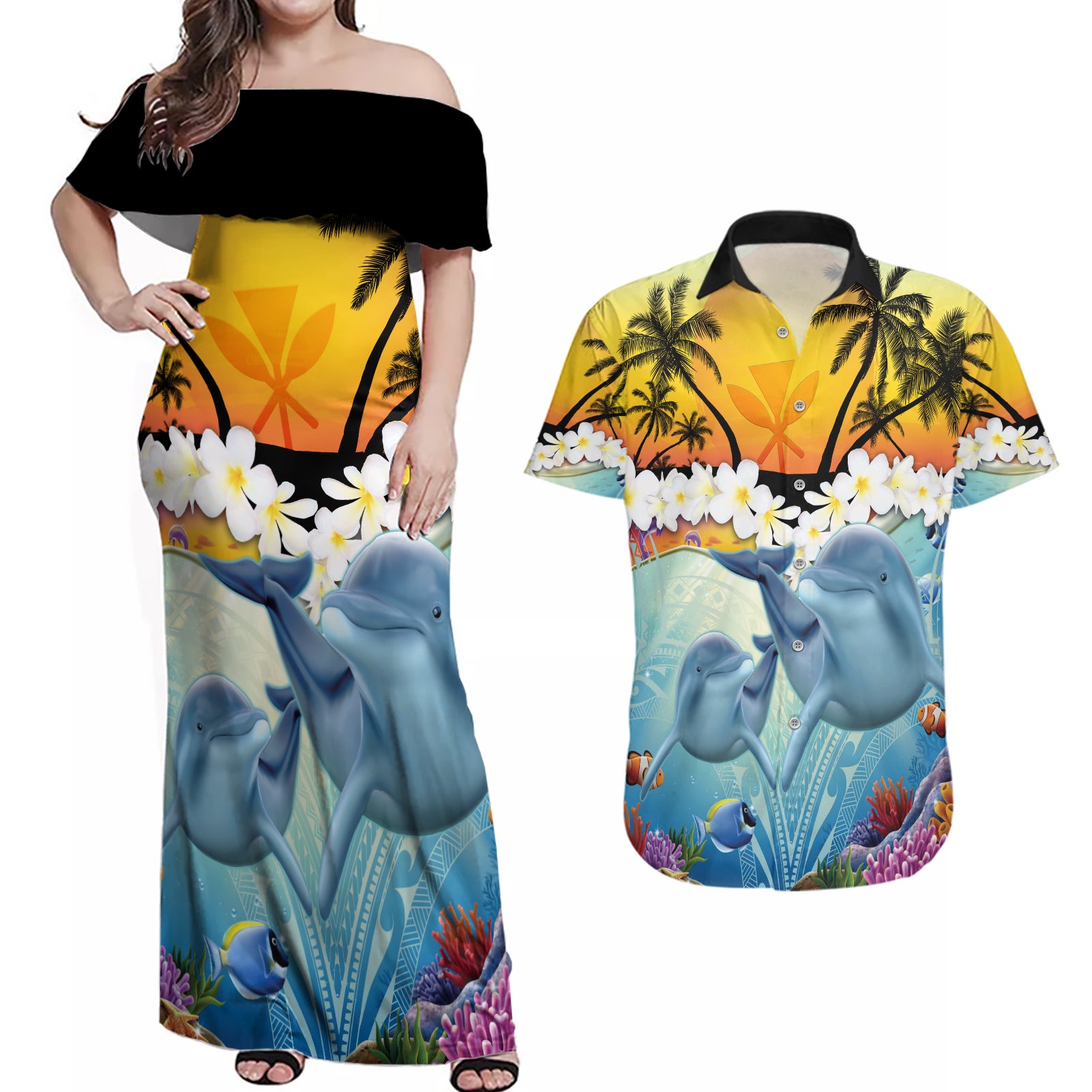 Aloha Hawaii Dolphins Couples Matching Off Shoulder Maxi Dress and Hawaiian Shirt Heart Of The Ocean Tropical Summer Vibes LT14 Blue - Polynesian Pride