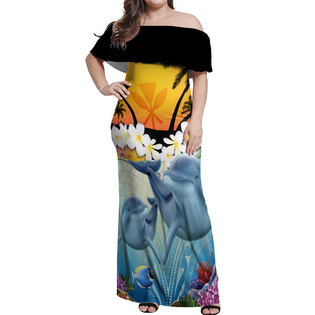 Aloha Hawaii Dolphins Off Shoulder Maxi Dress Heart Of The Ocean Tropical Summer Vibes LT14 Women Blue - Polynesian Pride