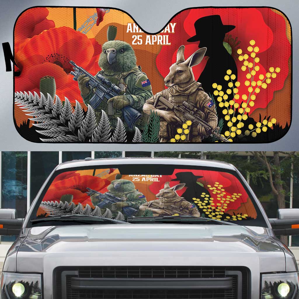 New Zealand and Australia ANZAC Day Auto Sun Shade Sliver Fern Kakapo With Golden Wattle Kangaroo LT14 Gold - Polynesian Pride