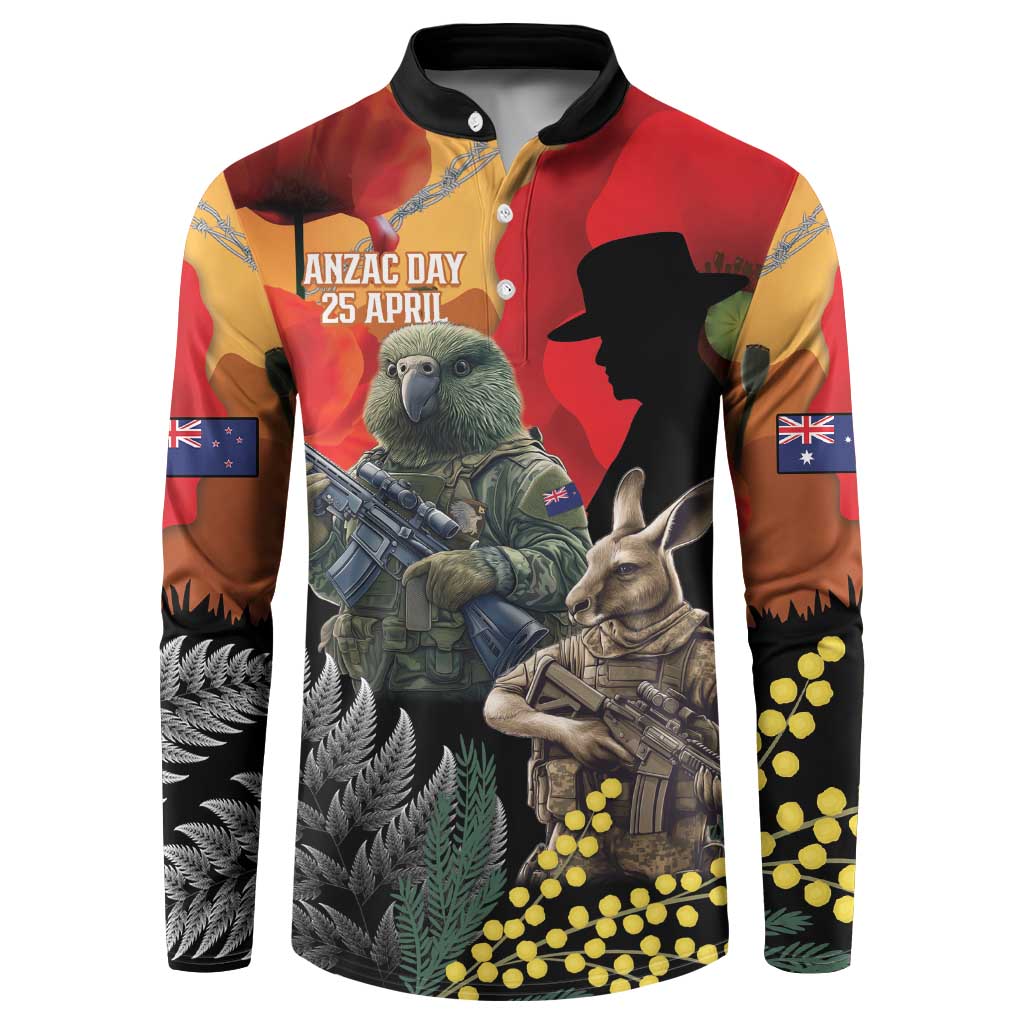 New Zealand and Australia ANZAC Day Button Sweatshirt Sliver Fern Kakapo With Golden Wattle Kangaroo LT14 Gold - Polynesian Pride