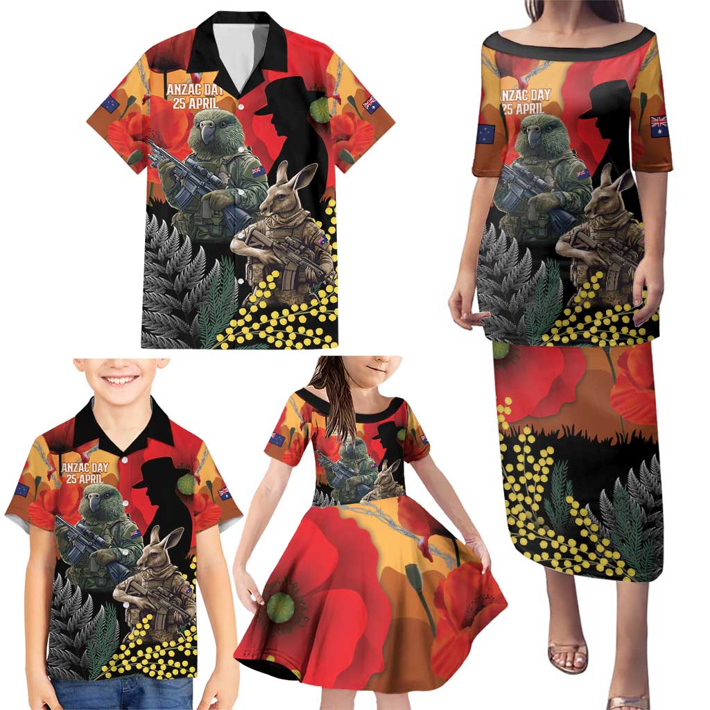 New Zealand and Australia ANZAC Day Family Matching Puletasi and Hawaiian Shirt Sliver Fern Kakapo With Golden Wattle Kangaroo